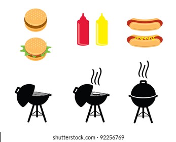 BBQ Icons. Barbecue icons that include hamburgers, hotdogs, ketchup & mustard bottles and bbq grill (opened, cooking open and cooking closed).