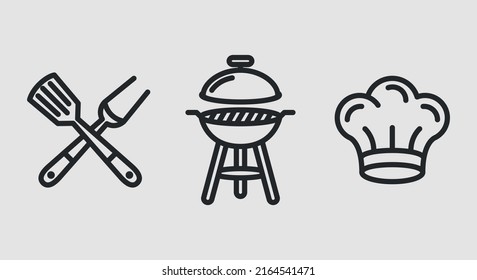 BBQ Icons. Crossed Grill Fork And Spatula, Grill And Chef's Hat Icons Isolated On Grey Background Icons For Web Design, App Interface. Vector Illustration