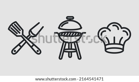 BBQ icons. Crossed grill fork and spatula, grill and chef's hat icons isolated on grey background Icons for web design, app interface. Vector illustration