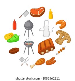 BBQ icons set. Cartoon illustration of 16 BBQ items and symbols vector icons for web