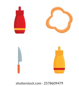 Bbq icons set cartoon vector. Barbecue tool and grilled product. Picnic, grill party