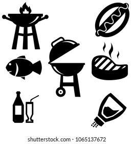 Bbq icons set. Vector black barbecue icon set on white background. With fire flames vector icon for roasting meat at parties and celebrations on a white background eps10.