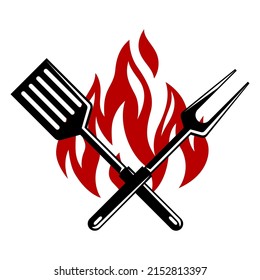 Bbq illustration with fire, spatula and fork. Stylized kitchen and restaurant items.