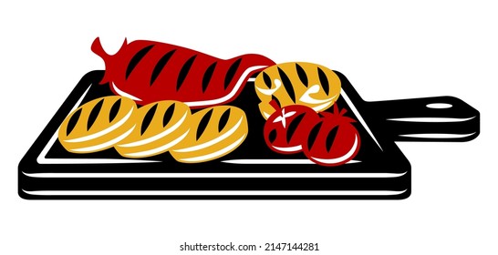 Bbq illustration with grill objects and icons. Stylized kitchen and restaurant items.