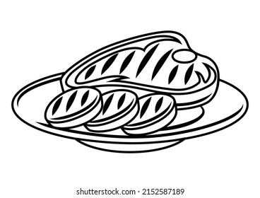 Ilustración de barbacoa con objetos de parrilla e iconos. Cocina estilizada y productos de restauración.