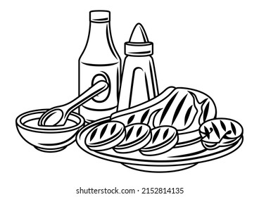 BBQ-Illustration mit Grillobjekten und Symbolen. Stilvolle Küche und Restaurants.