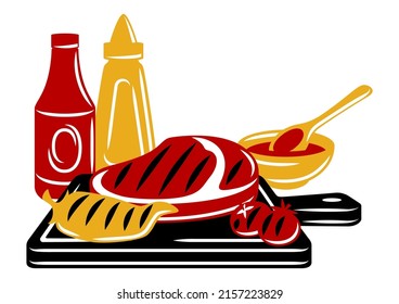 Bbq illustration with grill objects and icons. Stylized kitchen and restaurant items.