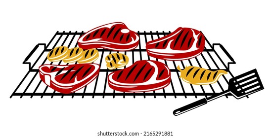 Bbq illustration with grill objects and icons. Stylized kitchen and restaurant items.