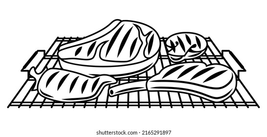 Bbq illustration with grill objects and icons. Stylized kitchen and restaurant items.