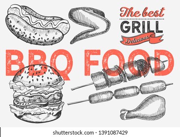 Bbq illustration for restaurant on vintage background. Vector hand drawn barbecue poster for food cafe and hamburger truck. Design with lettering and doodle graphic icons.