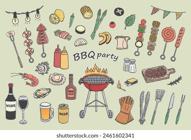 Conjunto de ilustración de barbacoa Dibujo de línea dibujado a mano