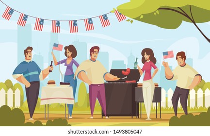 Bbq independence day america composition with outdoor landscape and group of friends having good time outdoors vector illustration