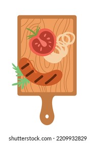 BBQ ingredients on board. Sliced sausage, tomato and onion. Cut vegetables and meat. Graphic element for website. Fresh, natural and organic products and food. Cartoon flat vector illustration