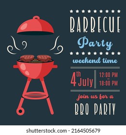 BBQ Invitation 4th Of July. Holiday Card For American Independence Day. Poster, Banner, Flyer Template For Barbecue Party And Summer Picnic. Vector Illustration With Brazier, Steaks, Meat Food 