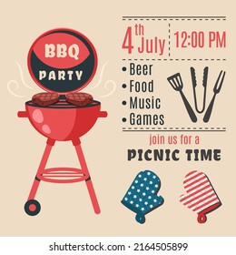 BBQ invitation 4th of July. Holiday card for American independence day. Poster, banner, flyer template for barbecue party and summer picnic. Vector illustration with brazier, steaks, meat food 