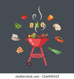 BBQ invitation. BBQ background with brazier, grill, steaks, meat food, grilled vegetables. Barbecue party card template. Vector cartoon banner for barbeque summer picnic
