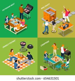 Bbq isometric compositions with outdoor rest, party with dancing, family picnic, camping, grill equipment isolated vector illustration