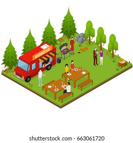 Bbq Isometric View Barbecue Party Summer Food Picnic or Weekend. Vector illustration