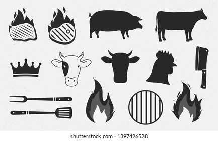 BBQ items set. Barbecue design elements. Steak, Pig and Cow silhouettes, crown. Cow, beef and Hen heads. Vector illustration