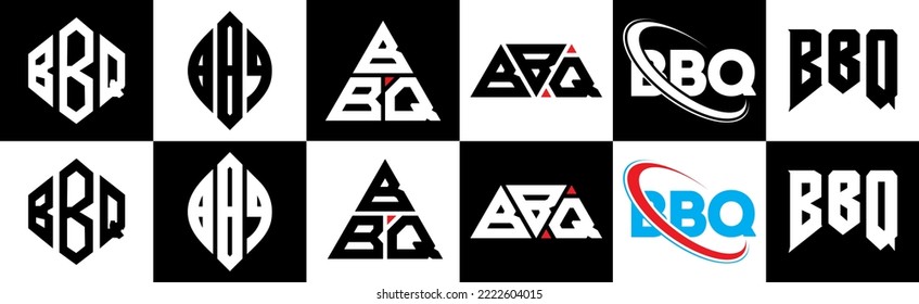 Diseño del logo de la carta BBQ en seis estilos. Polígono de barbacoa, círculo, triángulo, hexágono, de estilo plano y sencillo con el logotipo de la letra de variación en color blanco y negro en un tablero. Logo minimalista y clásico de la barbacoa