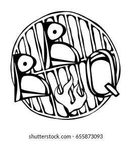 BBQ Lettering on the Grill with Fire. Barbecue Steak Logo. Realistic Doodle Cartoon Style Hand Drawn Sketch Vector Illustration.Isolated On a White Background.