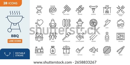 BBQ line editable icon set. Contain icons related to BBQ barbecue and grill icons. Editable stroke. Vector illustration