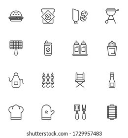 BBQ line icons set, outline vector symbol collection, linear style pictogram pack. Signs logo illustration. Set includes icons as barbecue grill, shish kebab, hamburger, sandwich, fork, spatula, chair