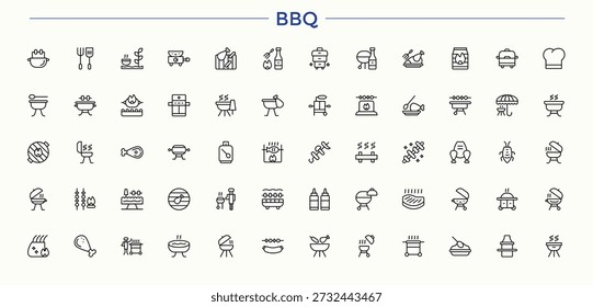 Conjunto de iconos lineales de barbacoa. Paquete de iconos web. Arte vectorial editable. Cocinar conjunto de iconos. Contiene símbolos de contorno como comida, parrilla y cocina, barbacoa, fiesta y más.