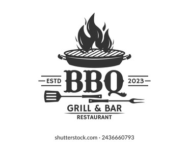 BBQ logo. Barbecue, grill icon with fire flame. Meat restaurant label. Vector illustration.