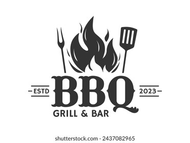 BBQ logo. Barbecue, grill icon with fire flame. Meat restaurant label. Vector illustration.