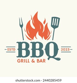 Logo de BBQ. Barbacoa, icono de parrilla o etiqueta con llama de fuego. Restaurante de carne, elemento de diseño de steak house. Ilustración vectorial.