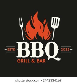 Logo de BBQ. Barbacoa, icono de parrilla con llama de fuego. Etiqueta de restaurante de carne. Ilustración vectorial.