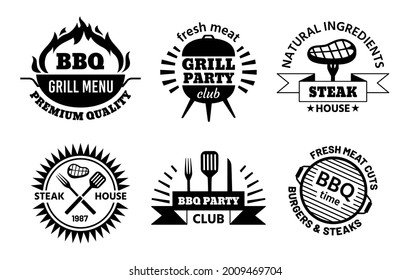 Bbq logo. Barbecue and steak house emblems for restaurant menu. Bbq club labels with hot grill, meat, sausage and cooking tools vector set. Logo barbecue restaurant logo illustration