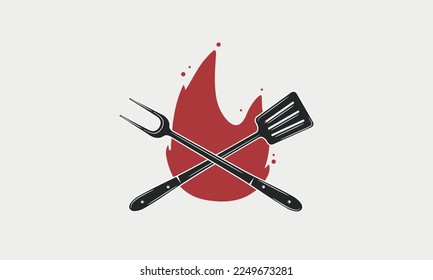 BBQ logo concept. Logo of Barbecue, Grill with fire, grill fork and spatula icons. Label, badge for Steak House, barbecue. Vector illustration