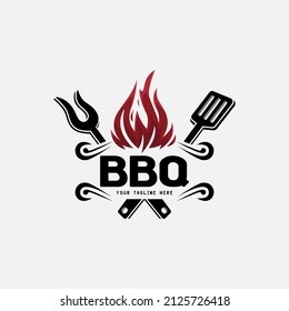 BBQ logo design for barbecue, concept fire flame combining with spatula