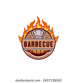 BBQ logo design with Grill barbecue and fire flame vector illustration 2 