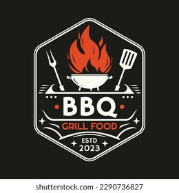 BBQ logo or icon. Grill food label with fire flame. Barbecue restaurant emblem. Barbeque badge vintage design. Vector illustration.