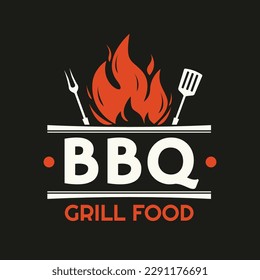 BBQ logo or icon. Grill food label with fire flame. Barbecue restaurant emblem design. Vector illustration.