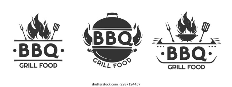 Logotipo de barbacoa o conjunto de iconos. Etiqueta de comida a la parrilla con llama de fuego. El restaurante de barbacoa tiene un diseño vintage emblemático. Ilustración vectorial.