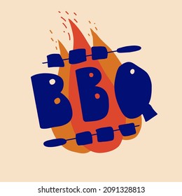 Logo de BBQ sobre fondo de fuego con kebab sobre brochetas