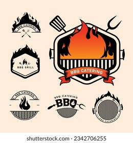 BBQ Logo set with Barbecue grill on fire. Emblem logo suites best for grilling related restaurants. Burning b-b-q grill with smoke. Vintage style restaurant logo icon.