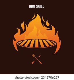 BBQ Logo set with Barbecue grill on fire. Emblem logo suites best for grilling related restaurants. Burning b-b-q grill with smoke. Vintage style restaurant logo icon.