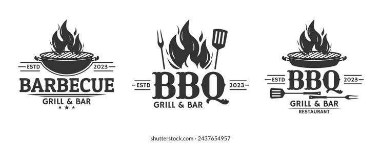 BBQ logo set. Barbecue, grill icon with fire flame. Meat restaurant label. Vector illustration.