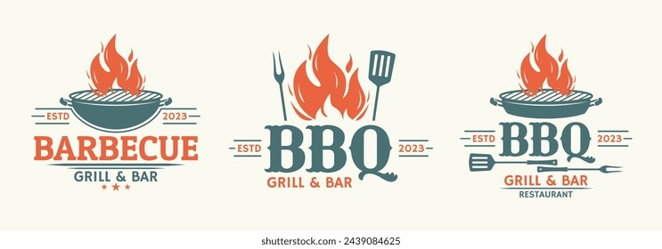 BBQ logo set. Barbecue, grill icon with fire flame. Meat restaurant label. Vector illustration.