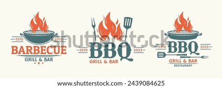 BBQ logo set. Barbecue, grill icon with fire flame. Meat restaurant label. Vector illustration.