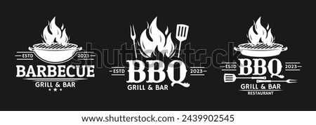 BBQ logo set. Barbecue, grill icon with fire flame. Meat restaurant label. Vector illustration.