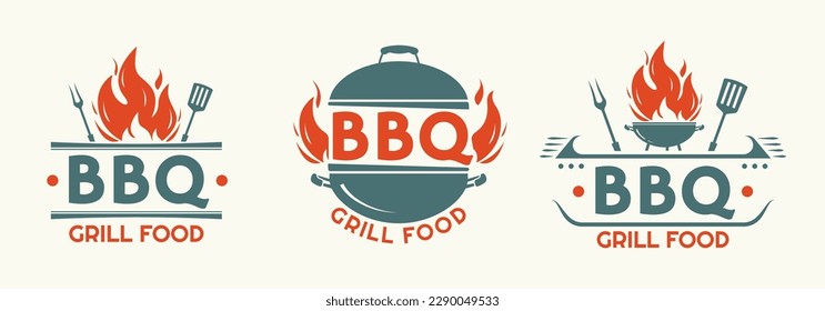 BBQ logo set. Grill food, barbecue icons. Meat restaurant label design with fire flame. Vector illustration.