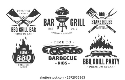 BBQ logo set isolated on white background. Grill labels vintage collections. Barbecue template with fire flame. Design elements bbq, grill, meat, fork, knife and spatula. Vector illustration