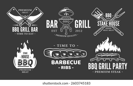 BBQ logo set isolated on black background. Grill labels vintage collections. Barbecue template with fire flame. Design elements bbq, grill, meat, fork, knife and spatula. Vector illustration