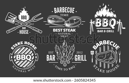 BBQ logo set isolated on black background. Grill labels vintage collections. Barbecue template with fire flame. Design elements bbq, grill, meat, kebab, fork, knife and spatula. Vector illustration